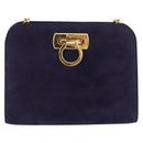 Salvatore Ferragamo Gancini Chain Shoulder Bag Suede Navy Gold Auth BA9249-13