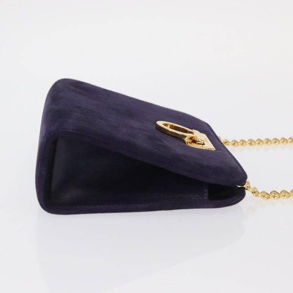 Salvatore Ferragamo Gancini Chain Shoulder Bag Suede Navy Gold Auth BA9249