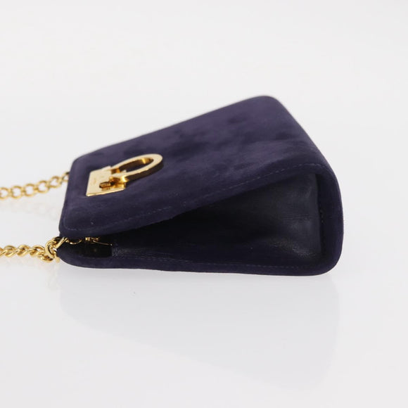 Salvatore Ferragamo Gancini Chain Shoulder Bag Suede Navy Gold Auth BA9249