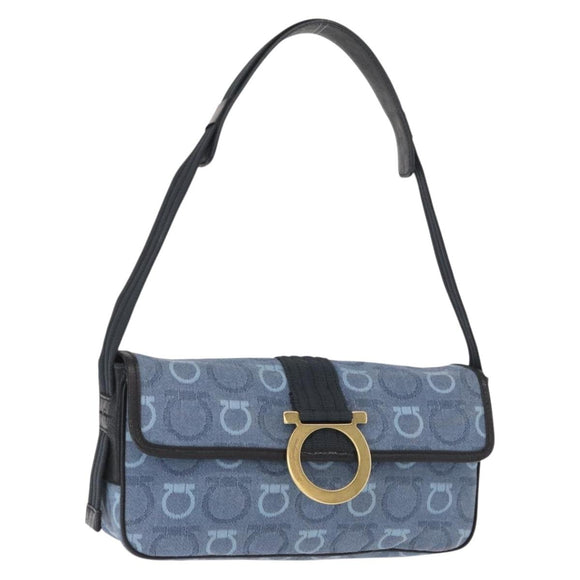 Salvatore Ferragamo Gancini Shoulder Bag Canvas Navy Gold Auth BA9259V