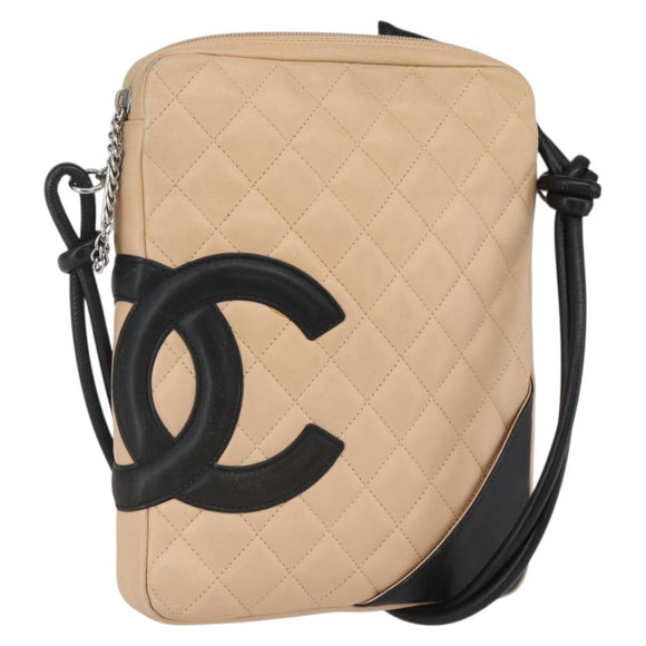 CHANEL Matelasse Cambon Line Shoulder Bag Leather Beige Silver CC Auth BA9277V