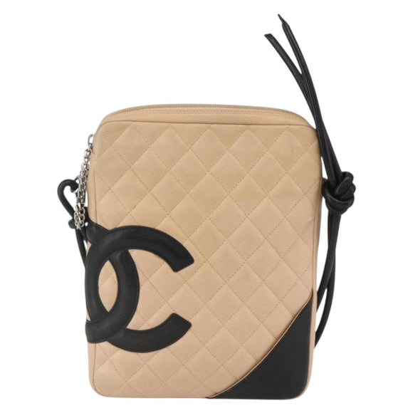 CHANEL Matelasse Cambon Line Shoulder Bag Leather Beige Silver CC Auth BA9277V