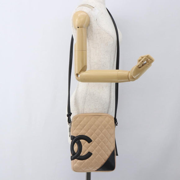 CHANEL Matelasse Cambon Line Shoulder Bag Leather Beige Silver CC Auth BA9277V