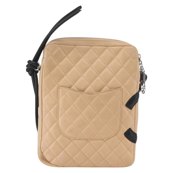 CHANEL Matelasse Cambon Line Shoulder Bag Leather Beige Silver CC Auth BA9277V