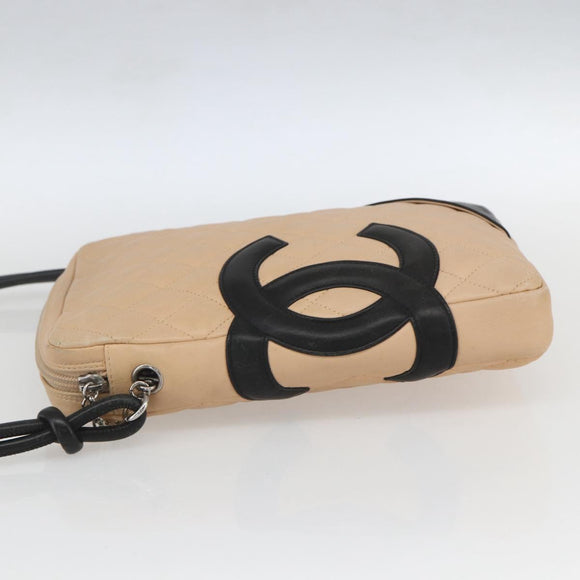 CHANEL Matelasse Cambon Line Shoulder Bag Leather Beige Silver CC Auth BA9277V