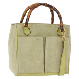GUCCI Bamboo Hand Bag Suede 2way Green Gold 000 123 0316 Auth BA9289