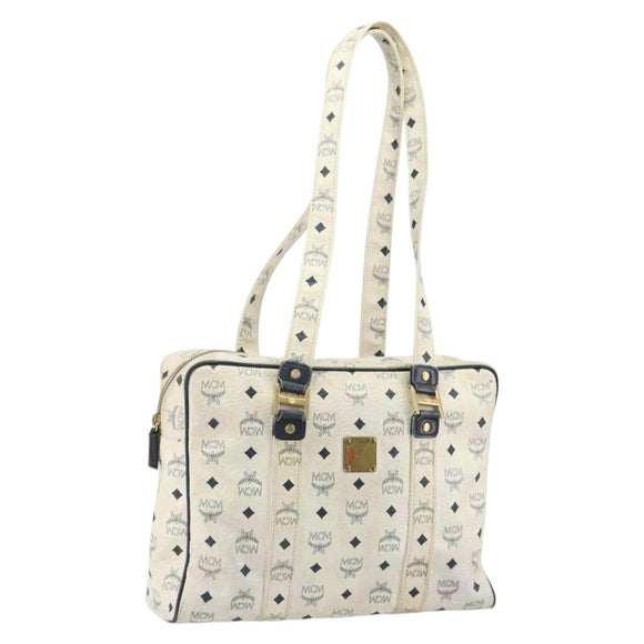 MCM Logogram Vicetos Tote Bag Leather White Gold Auth BA9337
