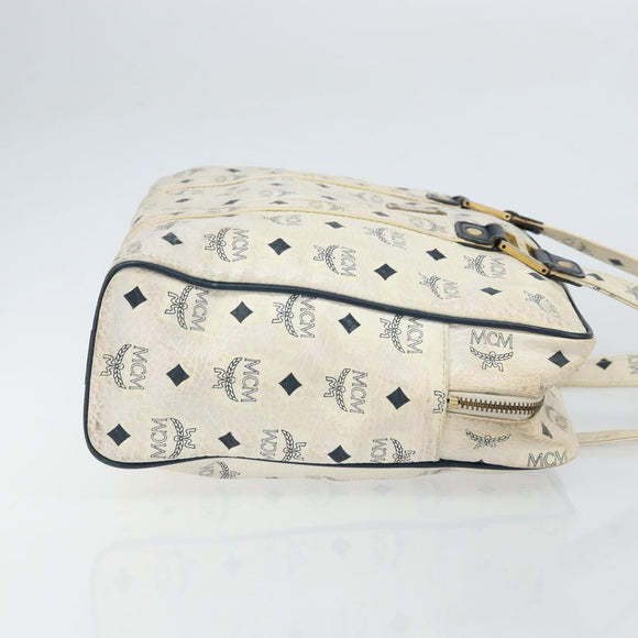 MCM Logogram Vicetos Tote Bag Leather White Gold Auth BA9337
