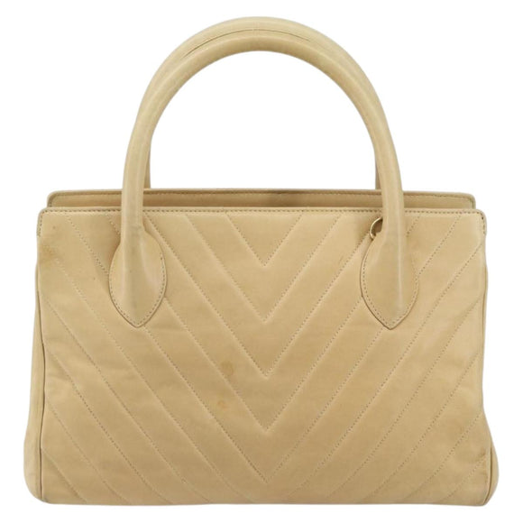 CHANEL V Stitch Hand Bag Leather Beige Gold CC Auth BA9348