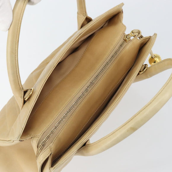 CHANEL V Stitch Hand Bag Leather Beige Gold CC Auth BA9348