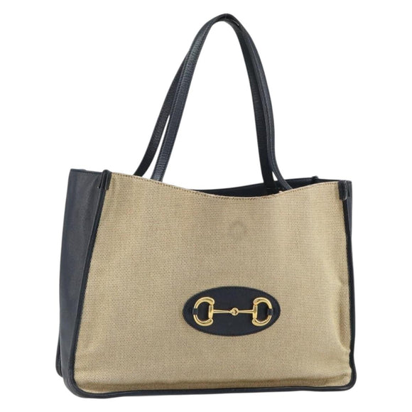 GUCCI Horsebit Tote Bag Canvas Beige Gold 623694 Auth BA9373