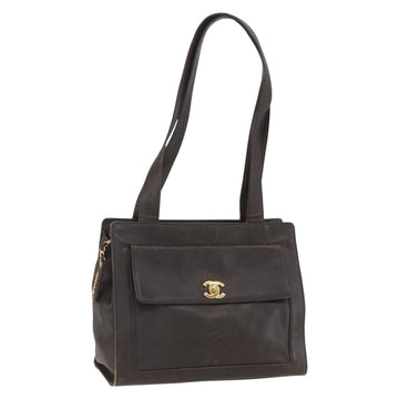 CHANEL Tote Bag Caviar Skin Dark Brown Gold CC Auth BA9375