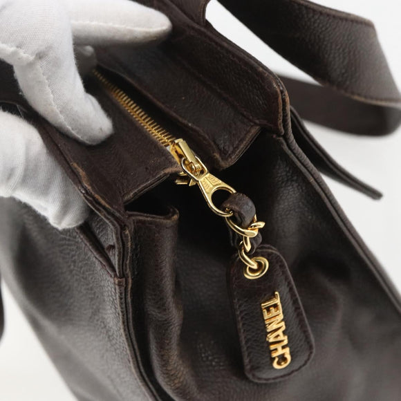 CHANEL Tote Bag Caviar Skin Dark Brown Gold CC Auth BA9375