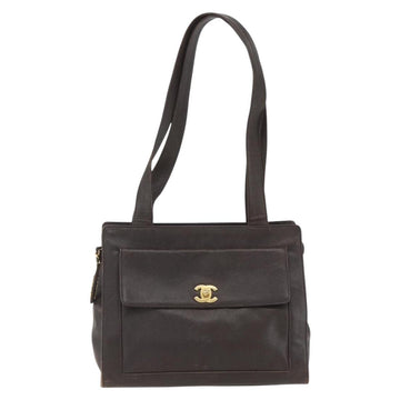 CHANEL Tote Bag Caviar Skin Dark Brown Gold CC Auth BA9375 - 0