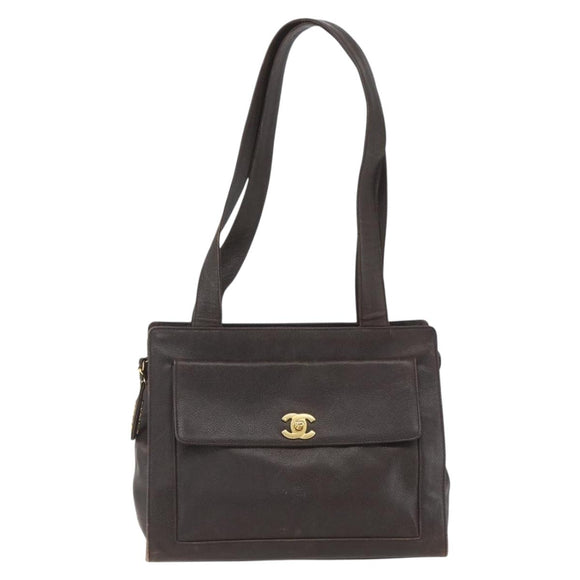 CHANEL Tote Bag Caviar Skin Dark Brown Gold CC Auth BA9375