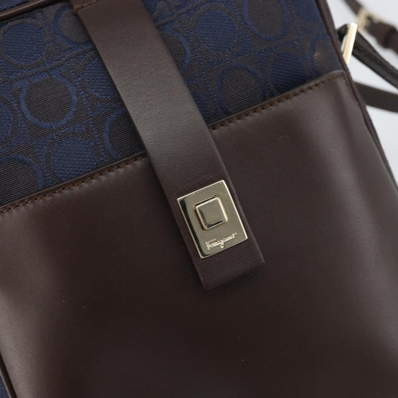 Salvatore Ferragamo Gancini Shoulder Bag Nylon Leather Navy Gold Auth BA9388