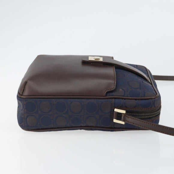 Salvatore Ferragamo Gancini Shoulder Bag Nylon Leather Navy Gold Auth BA9388