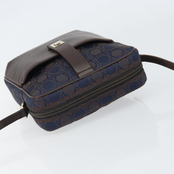 Salvatore Ferragamo Gancini Shoulder Bag Nylon Leather Navy Gold Auth BA9388