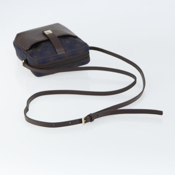 Salvatore Ferragamo Gancini Shoulder Bag Nylon Leather Navy Gold Auth BA9388