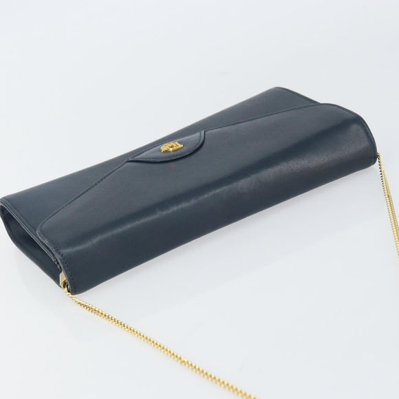 Christian Dior Chain Shoulder Bag Leather Navy Gold Auth BA9389