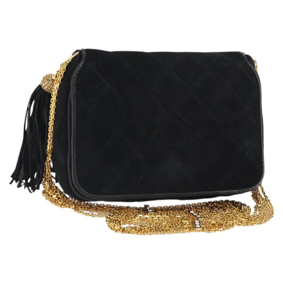 CHANEL Matelasse Chain Shoulder Bag Suede Black Gold CC Auth BA9390