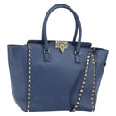 VALENTINO Rock Studs Hand Bag Leather 2way Navy Gold Auth BA9392-1