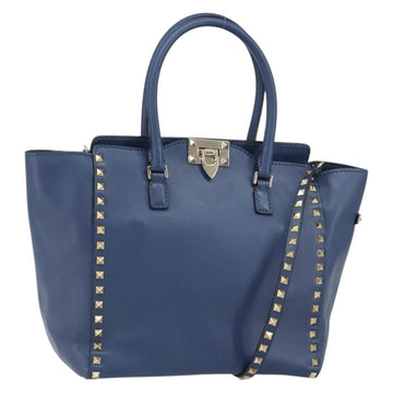 VALENTINO Rock Studs Hand Bag Leather 2way Navy Gold Auth BA9392