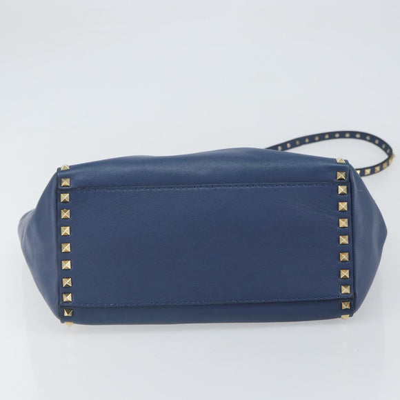 VALENTINO Rock Studs Hand Bag Leather 2way Navy Gold Auth BA9392