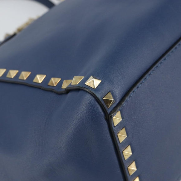 VALENTINO Rock Studs Hand Bag Leather 2way Navy Gold Auth BA9392