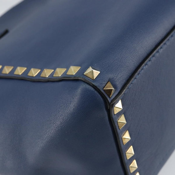 VALENTINO Rock Studs Hand Bag Leather 2way Navy Gold Auth BA9392