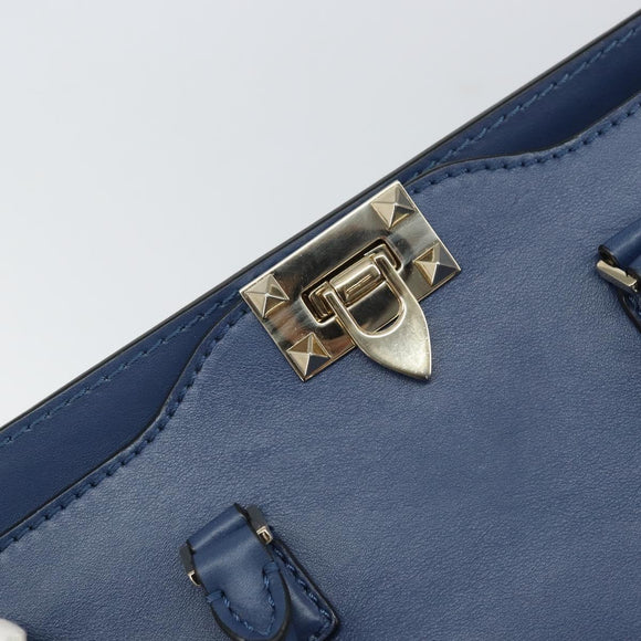 VALENTINO Rock Studs Hand Bag Leather 2way Navy Gold Auth BA9392