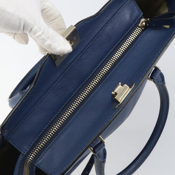 VALENTINO Rock Studs Hand Bag Leather 2way Navy Gold Auth BA9392