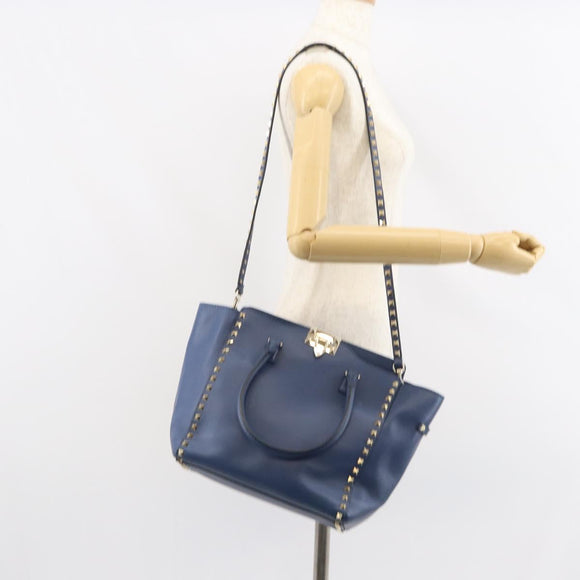 VALENTINO Rock Studs Hand Bag Leather 2way Navy Gold Auth BA9392