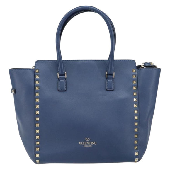VALENTINO Rock Studs Hand Bag Leather 2way Navy Gold Auth BA9392