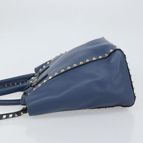 VALENTINO Rock Studs Hand Bag Leather 2way Navy Gold Auth BA9392