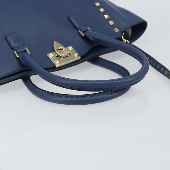 VALENTINO Rock Studs Hand Bag Leather 2way Navy Gold Auth BA9392