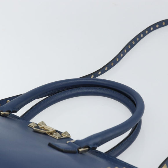 VALENTINO Rock Studs Hand Bag Leather 2way Navy Gold Auth BA9392