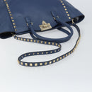 VALENTINO Rock Studs Hand Bag Leather 2way Navy Gold Auth BA9392-8