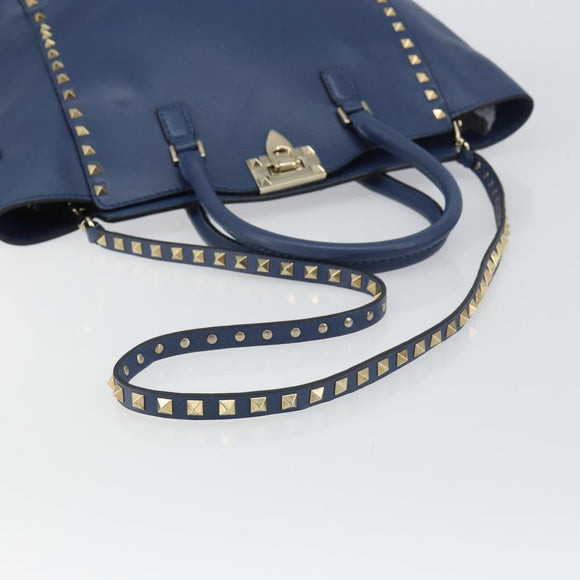VALENTINO Rock Studs Hand Bag Leather 2way Navy Gold Auth BA9392