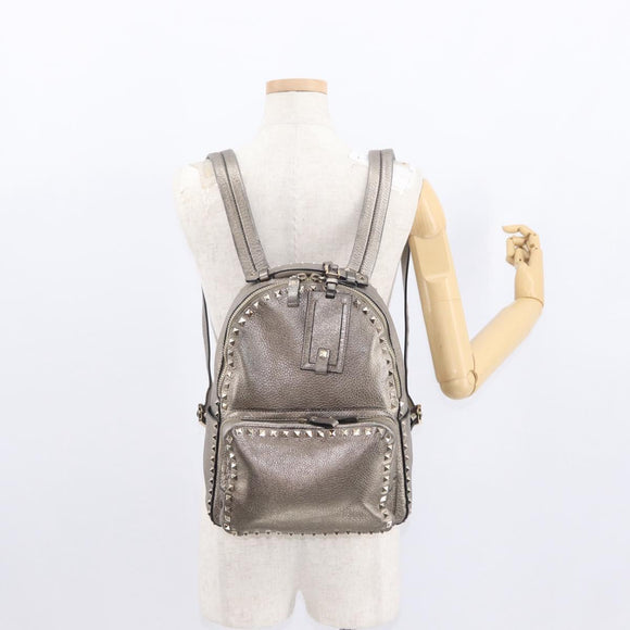 VALENTINO Rock Studs Backpack Leather Silver Gold Auth BA9400