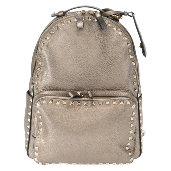 VALENTINO Rock Studs Backpack Leather Silver Gold Auth BA9400