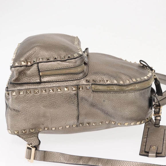 VALENTINO Rock Studs Backpack Leather Silver Gold Auth BA9400