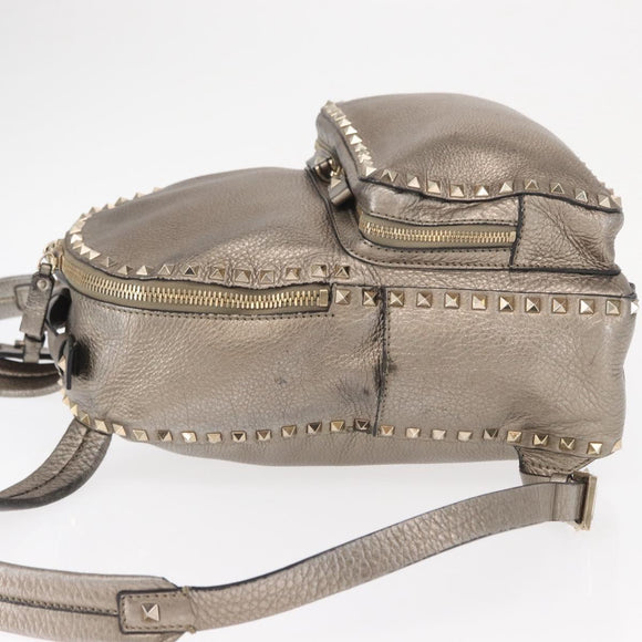 VALENTINO Rock Studs Backpack Leather Silver Gold Auth BA9400