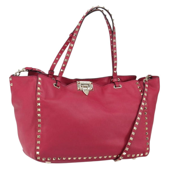 VALENTINO Rock studs Tote Bag Leather 2way Pink Gold Auth BA9403