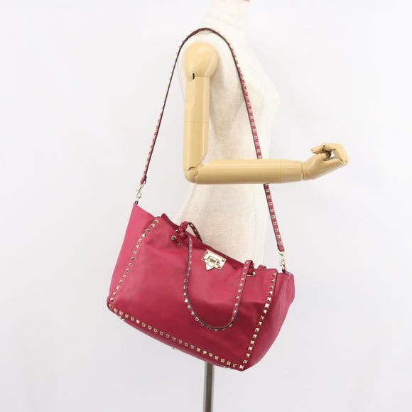 VALENTINO Rock studs Tote Bag Leather 2way Pink Gold Auth BA9403