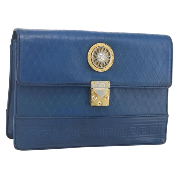 Gianni Versace Clutch Bag Leather Blue Gold Auth BA9405