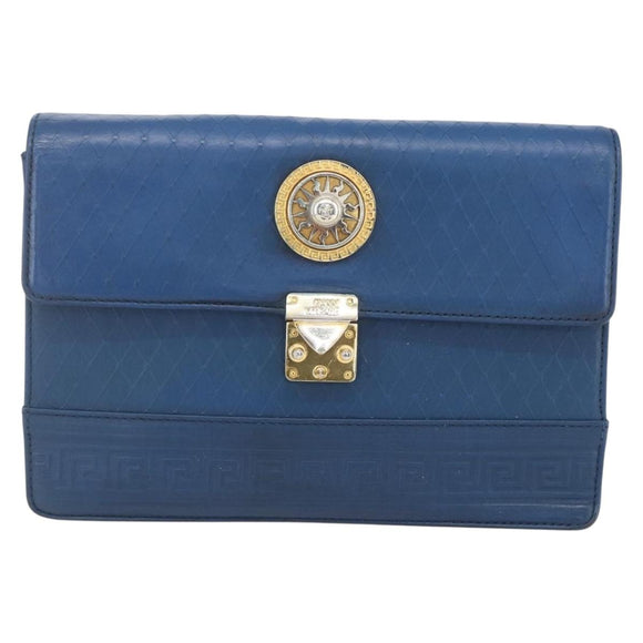 Gianni Versace Clutch Bag Leather Blue Gold Auth BA9405