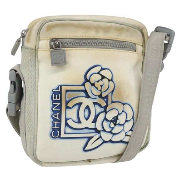 CHANEL Sports Line Umhängetasche Canvas Weiß Silber CC Auth BA9407