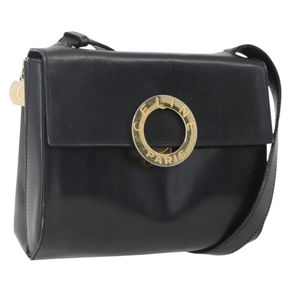 CELINE Circle Shoulder Bag Leather Black Gold Auth BA9410