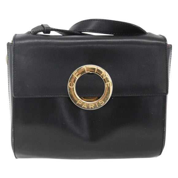 CELINE Circle Shoulder Bag Leather Black Gold Auth BA9410
